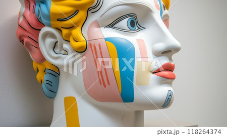 Colorful Abstract Sculpture of Classical Bust with Geometric Patterns and Vibrant Colors 118264374