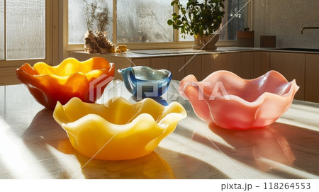 Colorful Glass Bowls on Kitchen Countertop with Sunlight Reflection 118264553