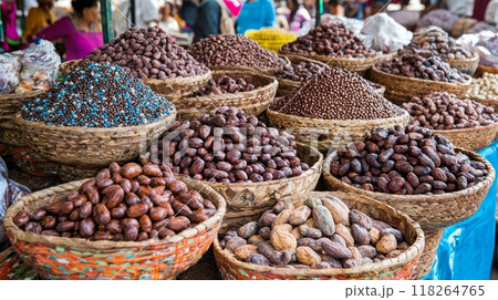 Various Nuts and Seeds Displayed in Baskets at Local Market 118264765