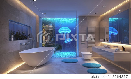 Luxurious Modern Bathroom with Aquarium Shower, Sleek Fixtures, and Ambient Lighting 118264837
