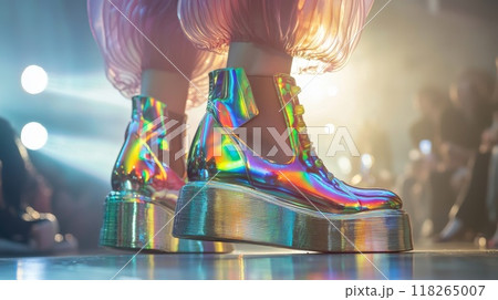 Holographic Platform Boots on Fashion Runway with Dramatic Lighting in Modern Show 118265007