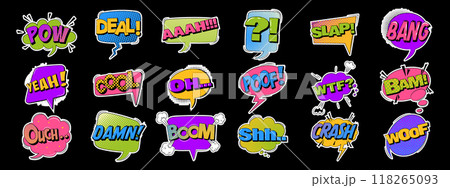 Comic sound speech effect bubble set in trendy retro style. Collection of pop art stickers Comic sound speech effect bubble set in trendy retro style. Collection of pop art stickers 118265093