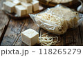 Tofu noodles on rustic wooden background. 118265279