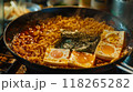 Korean style instant noodle in pan with egg yolk and tofu 118265282