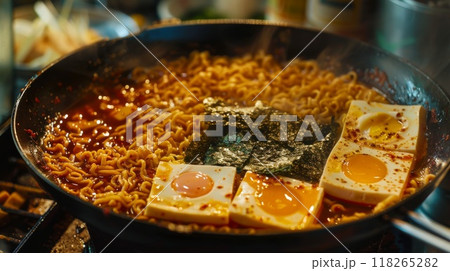 Korean style instant noodle in pan with egg yolk and tofu Korean style instant noodle in pan with egg yolk and tofu 118265282