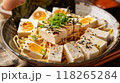 Japanese ramen noodle with tofu and egg on wooden table 118265284