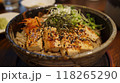 Japanese food, tofu noodles in bowl on wooden table 118265290