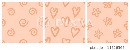 Naive playful seamless pattern set with doodle Hearts, Daisy and Squiggle. Contemporary minimalistic trendy backgrounds for kids in Natural Tones. Trendy boho style on a peach background. Naive playful seamless pattern set with doodle Hearts, Daisy and Squiggle. Contemporary minimalistic trendy backgrounds for kids in Natural Tones. Trendy boho style on a peach background. 118265624