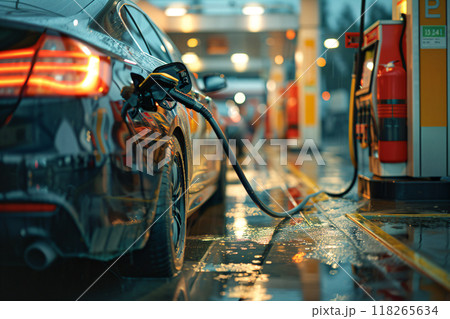 Car refueling on a petrol station at night closeup. Car at gas station. AI Generated. Car refueling on a petrol station at night closeup. Car at gas station. AI Generated. 118265634