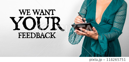 We want your feedback. Beautiful woman with a tablet on a white background 118265751