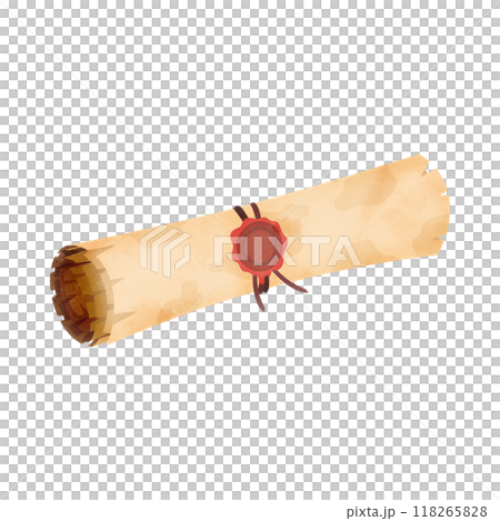A tattered parchment scroll sealed with sealing wax. Watercolor style illustration. 118265828