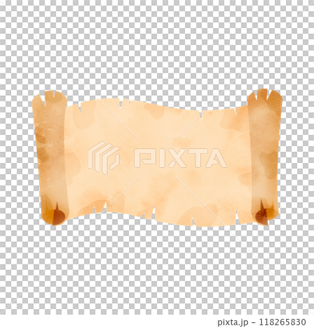 An unfolded scroll of tattered parchment. Watercolor style illustration. 118265830