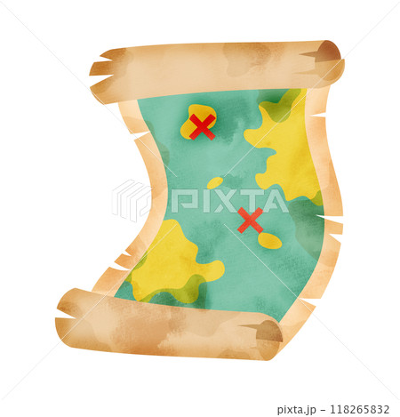 古い羊皮紙に描かれた宝の地図。水彩風イラスト。 古い羊皮紙に描かれた宝の地図。水彩風イラスト。 118265832