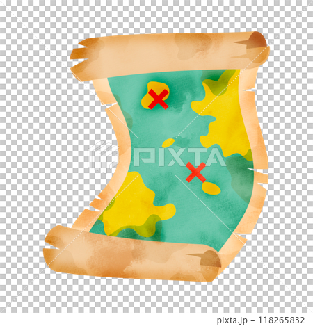 古い羊皮紙に描かれた宝の地図。水彩風イラスト。 古い羊皮紙に描かれた宝の地図。水彩風イラスト。 118265832