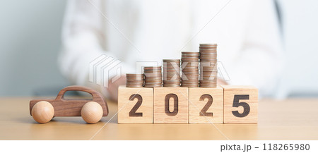 Happy New Year 2025 with car model and Coins Money stack for deposit and Automobile Tax. Money Saving, Car Insurance, Financial, vehicle Repair and Maintenance and New Year concept Happy New Year 2025 with car model and Coins Money stack for deposit and Automobile Tax. Money Saving, Car Insurance, Financial, vehicle Repair and Maintenance and New Year concept 118265980