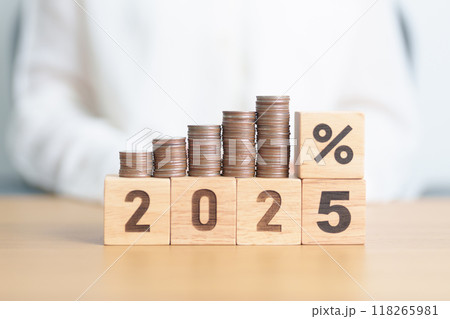 2025 New year with percentage with coin stack. Interest rate, GDP, stocks market, financial, deflation and Inflation, mortgage, debt, Loan and Economic Recession 2025 New year with percentage with coin stack. Interest rate, GDP, stocks market, financial, deflation and Inflation, mortgage, debt, Loan and Economic Recession 118265981