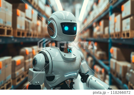 Robot in Warehouse. Robot at work in the warehouse. AI Generated. 118266072