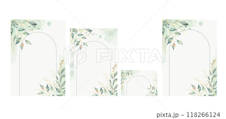Greenery wedding invitation card template with watercolor leaves. 118266124