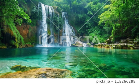 A majestic waterfall cascades into a crystal pool, surrounded by lush greenery and soothing natural sounds. 118266299