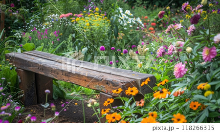 A picturesque garden bench made from reclaimed railway ties offers a perfect spot amid vibrant blooms. A picturesque garden bench made from reclaimed railway ties offers a perfect spot amid vibrant blooms. 118266315