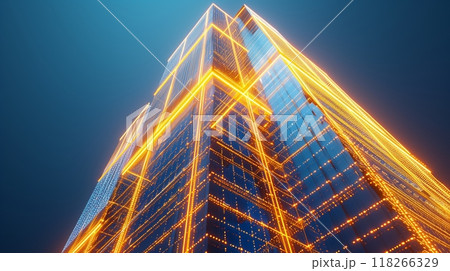 A modern skyscraper of glowing LED lines, with each floor representing a successful investment fund. 118266329