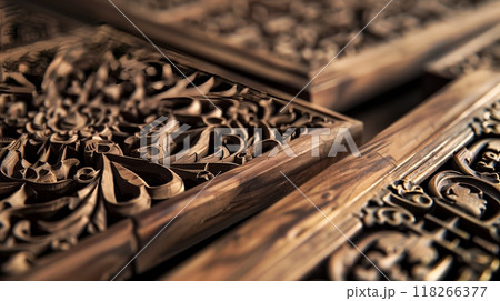 A close-up of intricately carved wooden panels highlights exceptional craftsmanship and elaborate patterns. 118266377