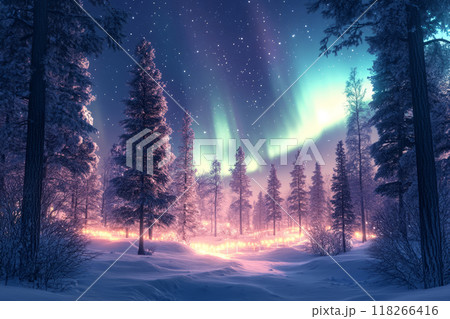 Northern lights illuminating a forest, with the sky filled with stars 118266416
