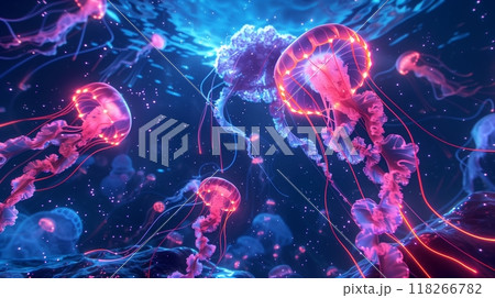 A neon-lit underwater scene with glowing jellyfish-like creatures symbolizes delicate virtual reality connections. 118266782