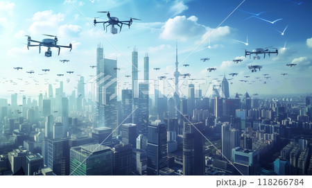 A sprawling virtual metropolis with data skyscrapers and message-carrying drones represents social networks. 118266784