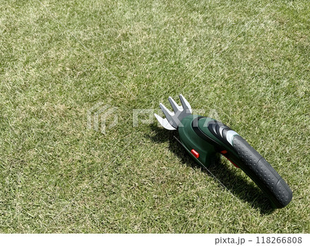刈高2cmの芝生と電動芝刈り機 118266808