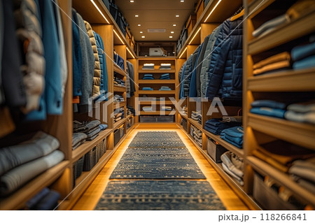 Large walk in closet with many clothes on the shelves, well lit and the clothes are neatly arranged 118266841
