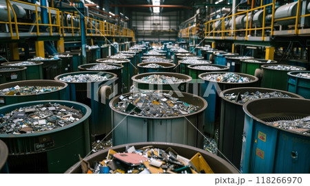 Advanced magnetic cylinders extract metals from shredded e-waste, showcasing the future of recycling tech. 118266970