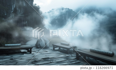 A misty mountain temple with ancient acupuncture scrolls on ornate benches, evoking timeless serenity. 118266971