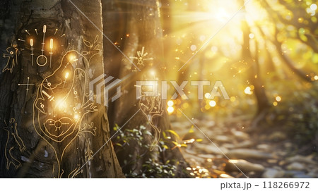 Enchanted forest with intricate acupuncture carvings on trees. Sunlit needles cast a magical glow. 118266972