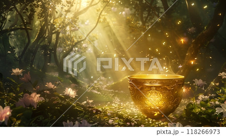 A golden cup with intricate engravings floats in a serene glade at dawn, surrounded by blooming flowers. 118266973