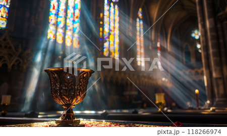 A majestic Gothic chalice on an altar in a grand cathedral, bathed in sunlight through stained glass. 118266974