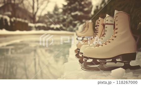 A quiet ice rink with smooth, gleaming ice showcases vintage skates, inviting skaters to glide gracefully. 118267000