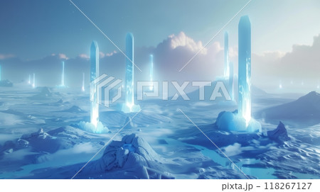 A blue-white landscape dotted with glowing obelisks rises from the ice, creating an otherworldly scene. 118267127