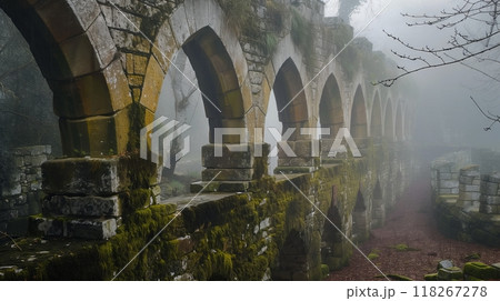 Rustic medieval archivolts with moss-covered stonework shine in misty morning light, exuding timeless charm. 118267278