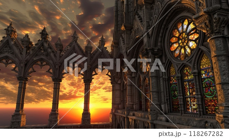 Neo-Gothic archivolts with elaborate carvings and stained glass, set against a breathtaking sunset sky. 118267282