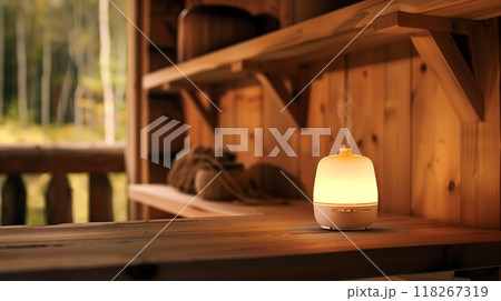 A cozy cabin in the woods has an essential oil diffuser on a shelf, casting a serene, fragrant glow. 118267319