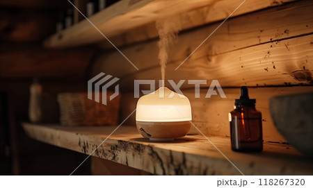 A cozy cabins essential oil diffuser casts a warm glow, creating a serene and inviting atmosphere. A cozy cabins essential oil diffuser casts a warm glow, creating a serene and inviting atmosphere. 118267320