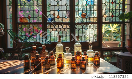 A stained-glass window casts colorful light on a table of essential oils, creating a serene ambiance. 118267322