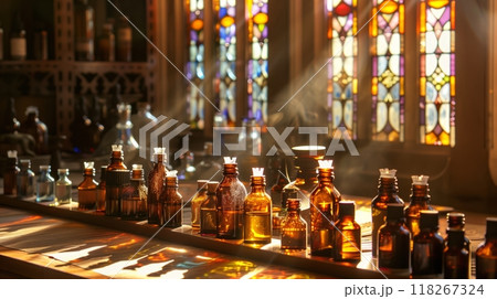An ornate stained-glass window casts intricate light patterns on a table with shimmering essential oils. 118267324