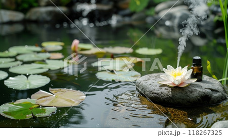 A tranquil pond with lily pads, an oil diffuser gently misting aromatics, creating a peaceful ambiance. 118267325