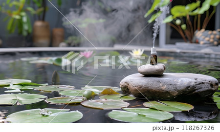 A tranquil pond with lily pads sits beside an essential oil diffuser, misting fragrant droplets. 118267326