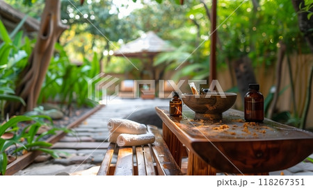 A tranquil outdoor spa with a wooden bench for Ayurvedic oils and herbal poultices, ideal for rejuvenation. 118267351