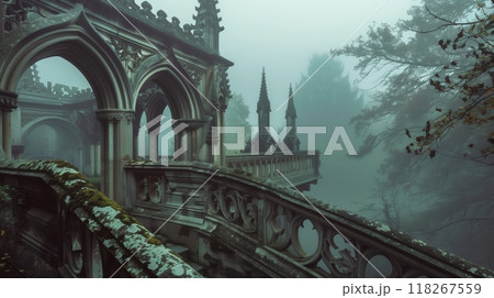A Gothic balustrade with pointed arches and intricate carvings stands mystically in a foggy ambiance. 118267559