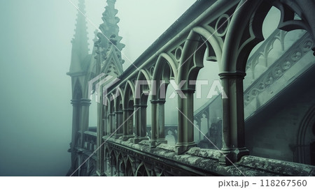 A Gothic balustrade with pointed arches and intricate carvings in fog creates an otherworldly, captivating ambiance. 118267560