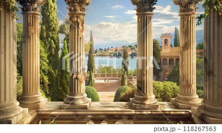 A classical stone balustrade with fluted columns and acanthus leaves frames a villa, enhancing its elegance. 118267563
